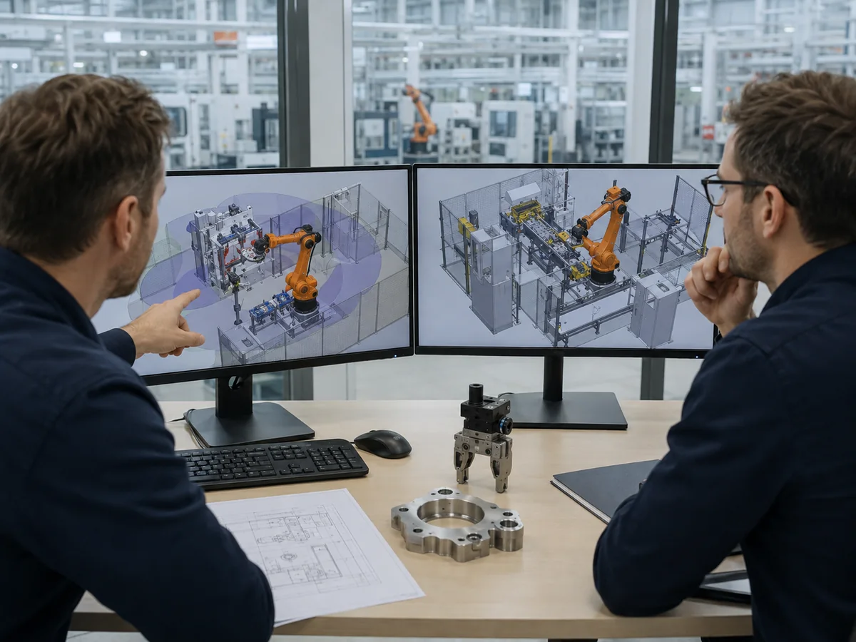 Zwei Ingenieure prüfen Reichweite und Materialfluss einer Roboterzelle an großen Monitoren