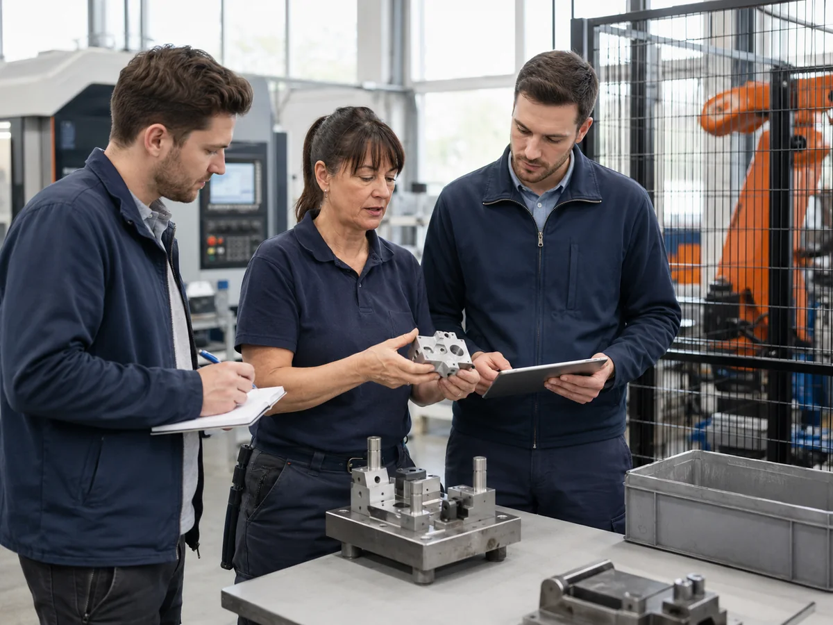 Erfahrene Bedienerin erklärt Ingenieuren ein Metallbauteil und die vorhandene Vorrichtung